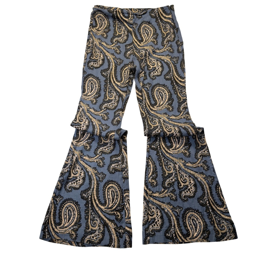 Free People Womens S Paisley Bell Bottom Pants Blue Boho Flare Side Zip